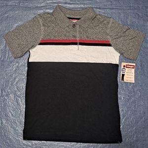 Wrangler Polo Shirt Boys Size M (8) Black & Gray Pullover w/ White & Red Stripes